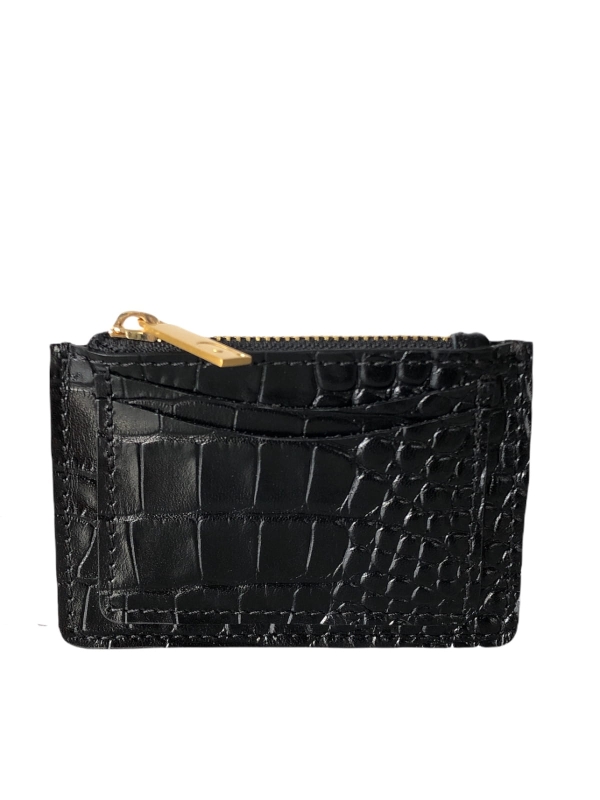 DAAG CZARNY portfelik na karty z suwakiem złotym skóra croco