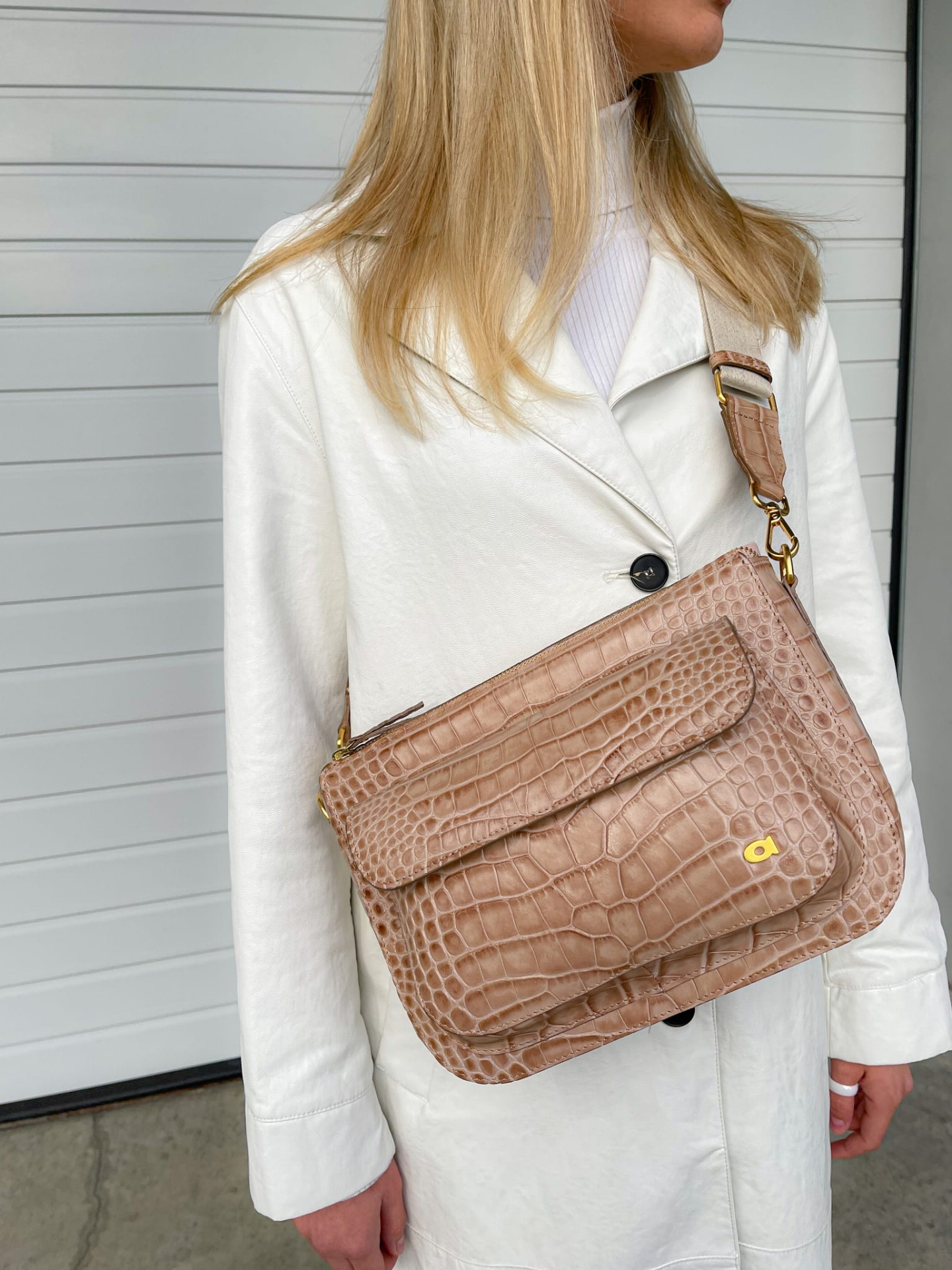 MARLOTTE duża beżowa latte skórzana torebka damska listonoszka torba na ramię