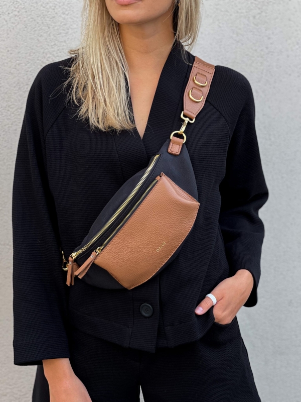 LARISSA czarna koniak duża damska nerka saszetka torebka tkanina