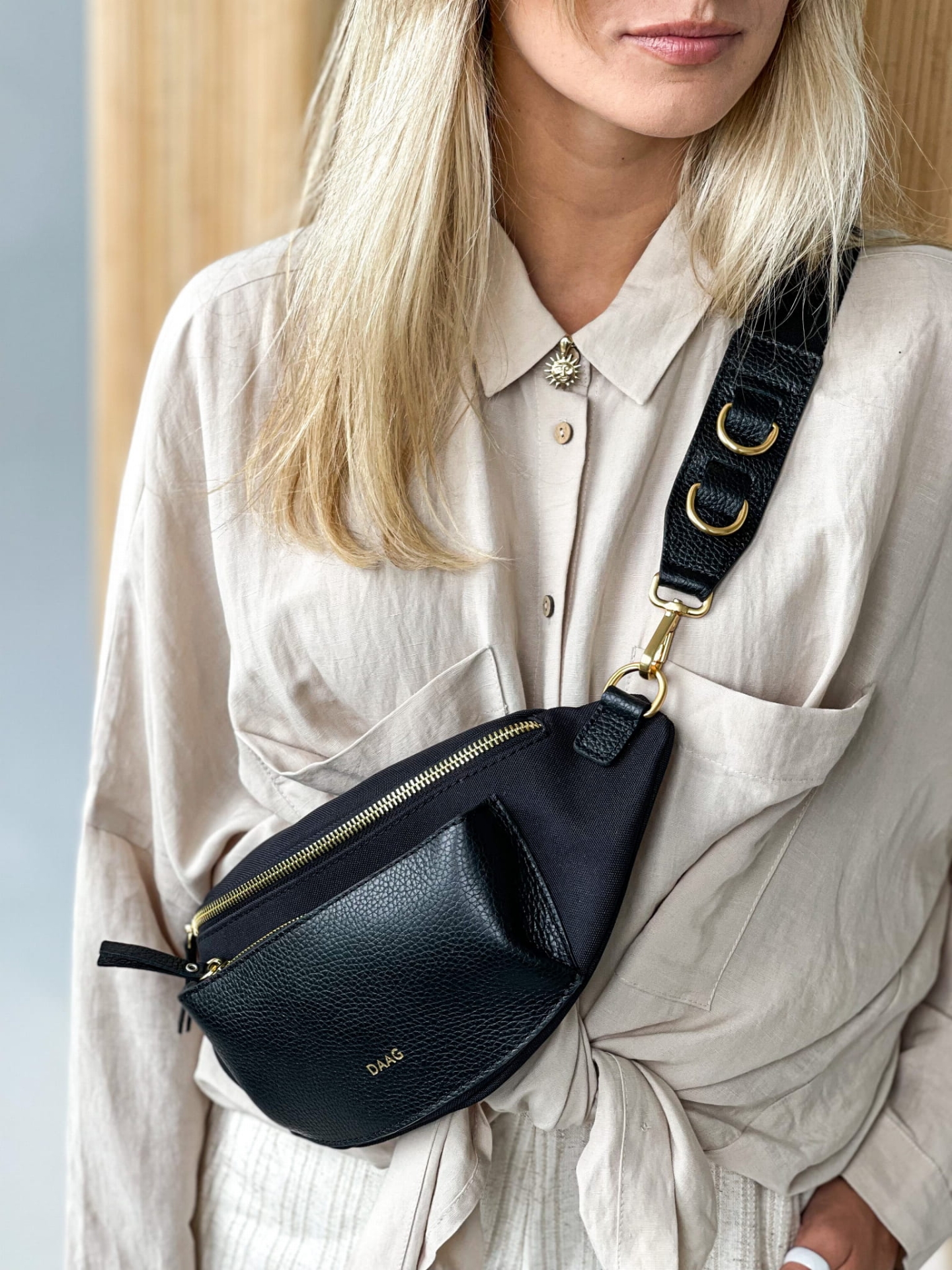 LARISSA czarna duża damska nerka saszetka torebka tkanina