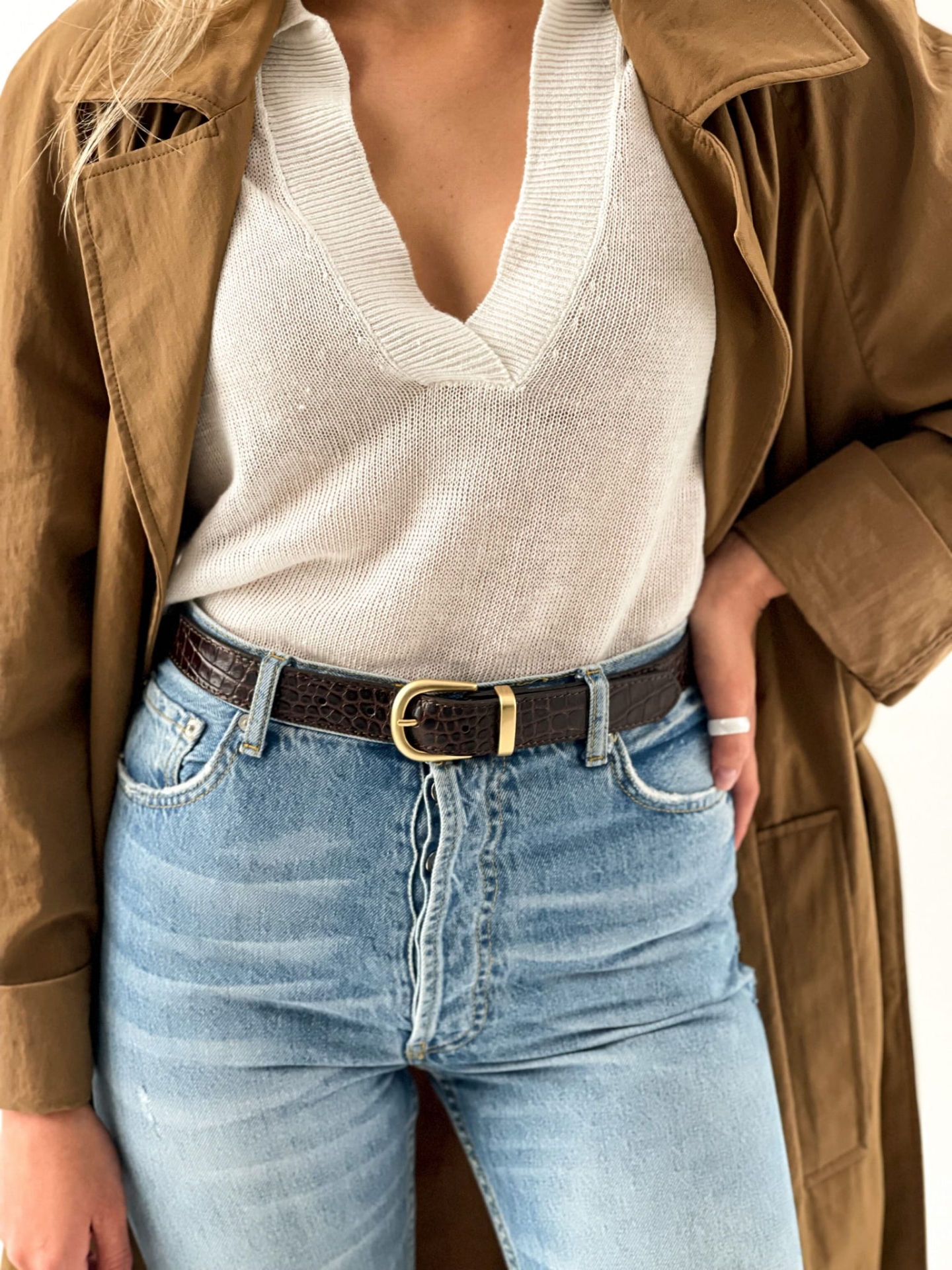 ELSA Pasek brązowy damski skórzany do spodni z klamrą