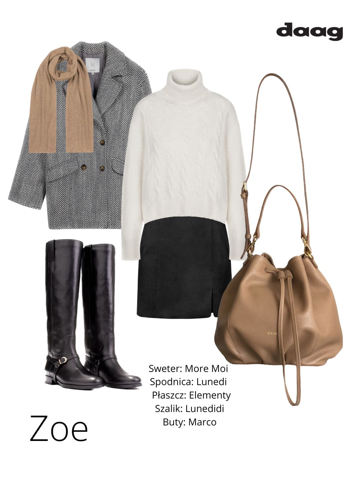 ZOE cappucino duża damska skórzana torebka worek typu worek