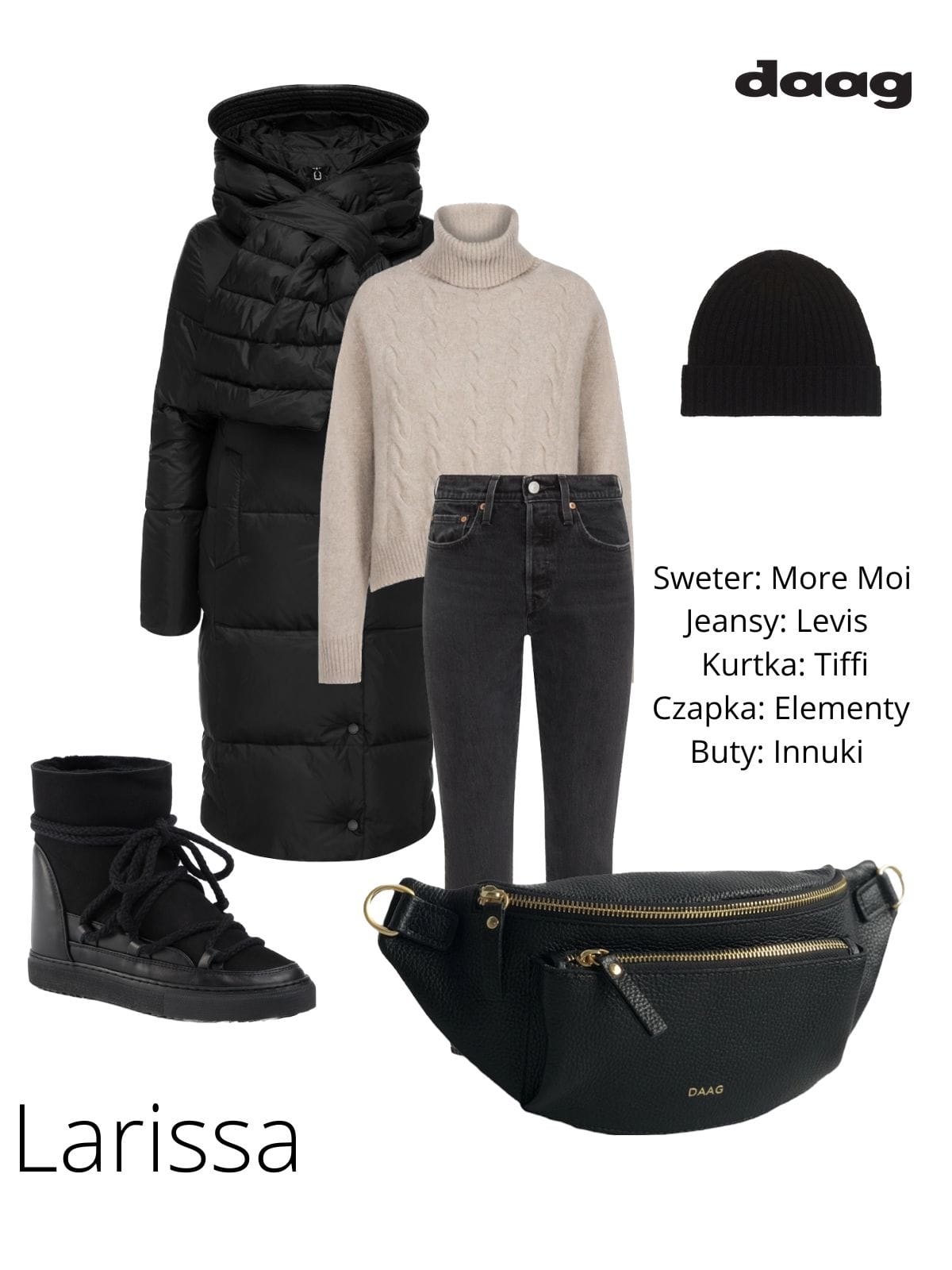 LARISSA czarna duża damska nerka saszetka torebka skórzana