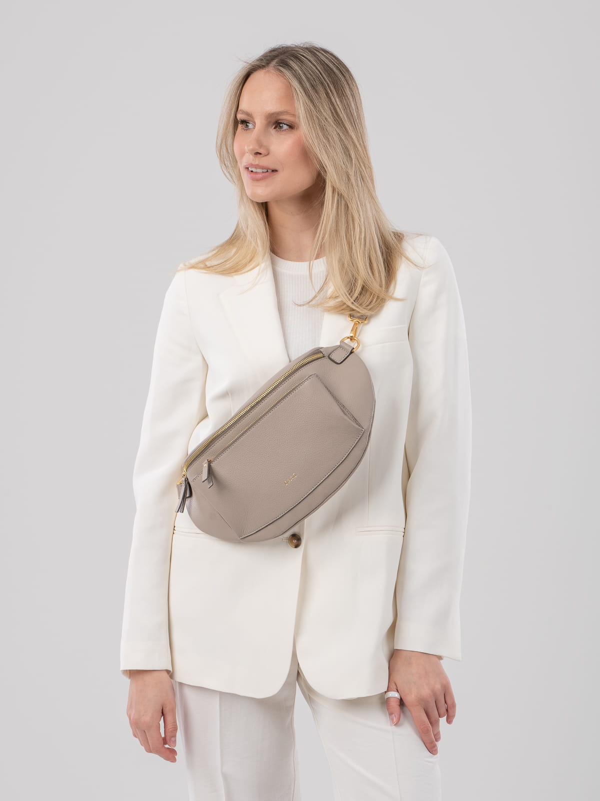 LARISSA XL beżowa duża nerka damska saszetka torebka skórzana