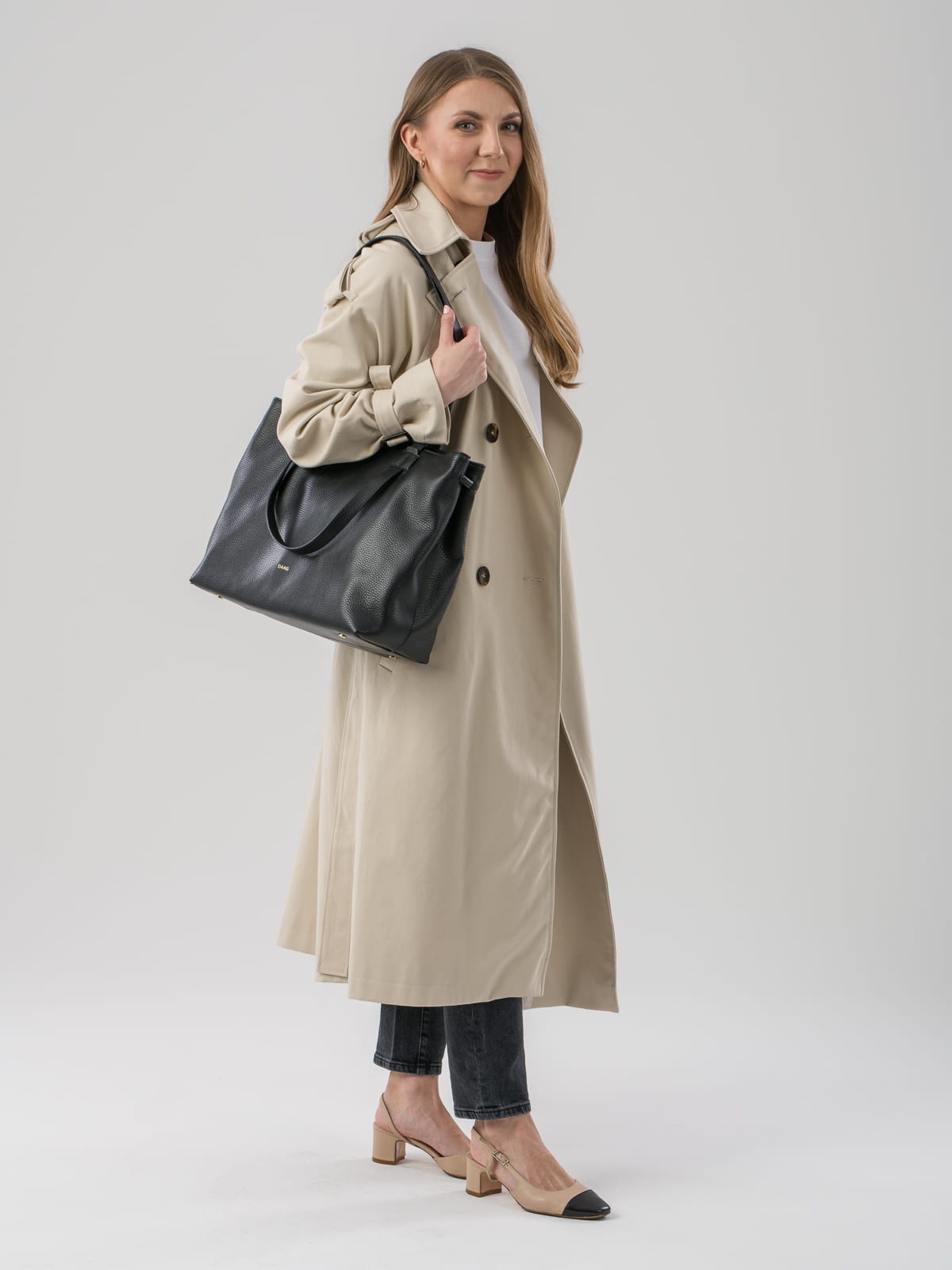 ELENA czarna duża damska skórzana torebka shopperka SOMETHINGWHITE