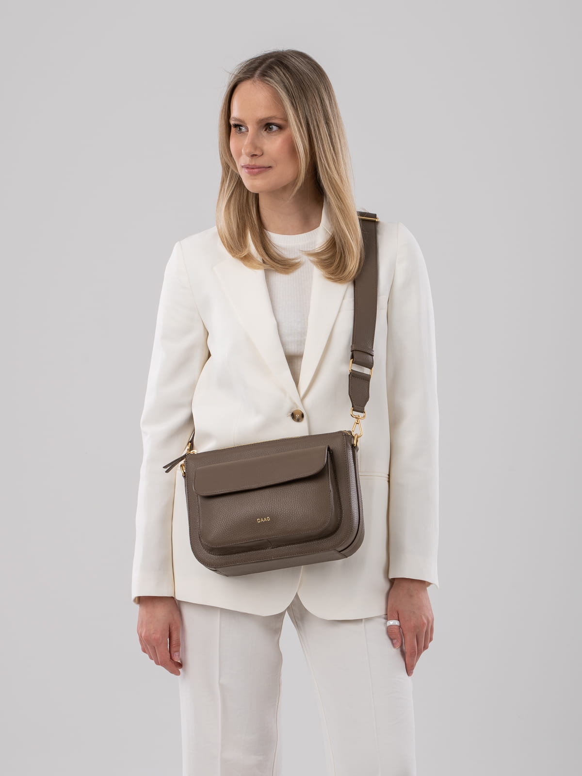 MARLOTTE taupe duża skórzana torebka damska listonoszka torba na ramię groszek