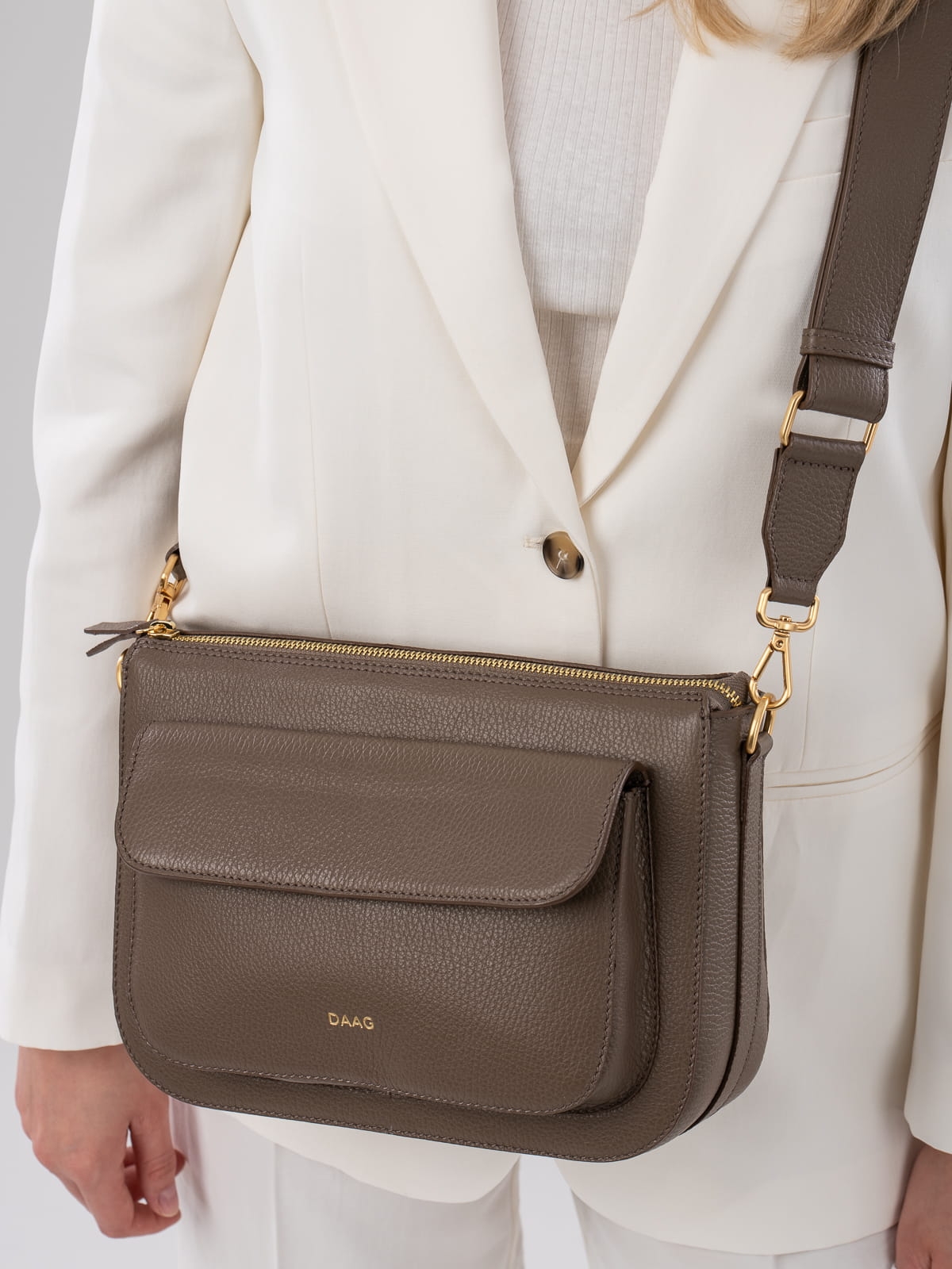 MARLOTTE taupe duża skórzana torebka damska listonoszka torba na ramię groszek