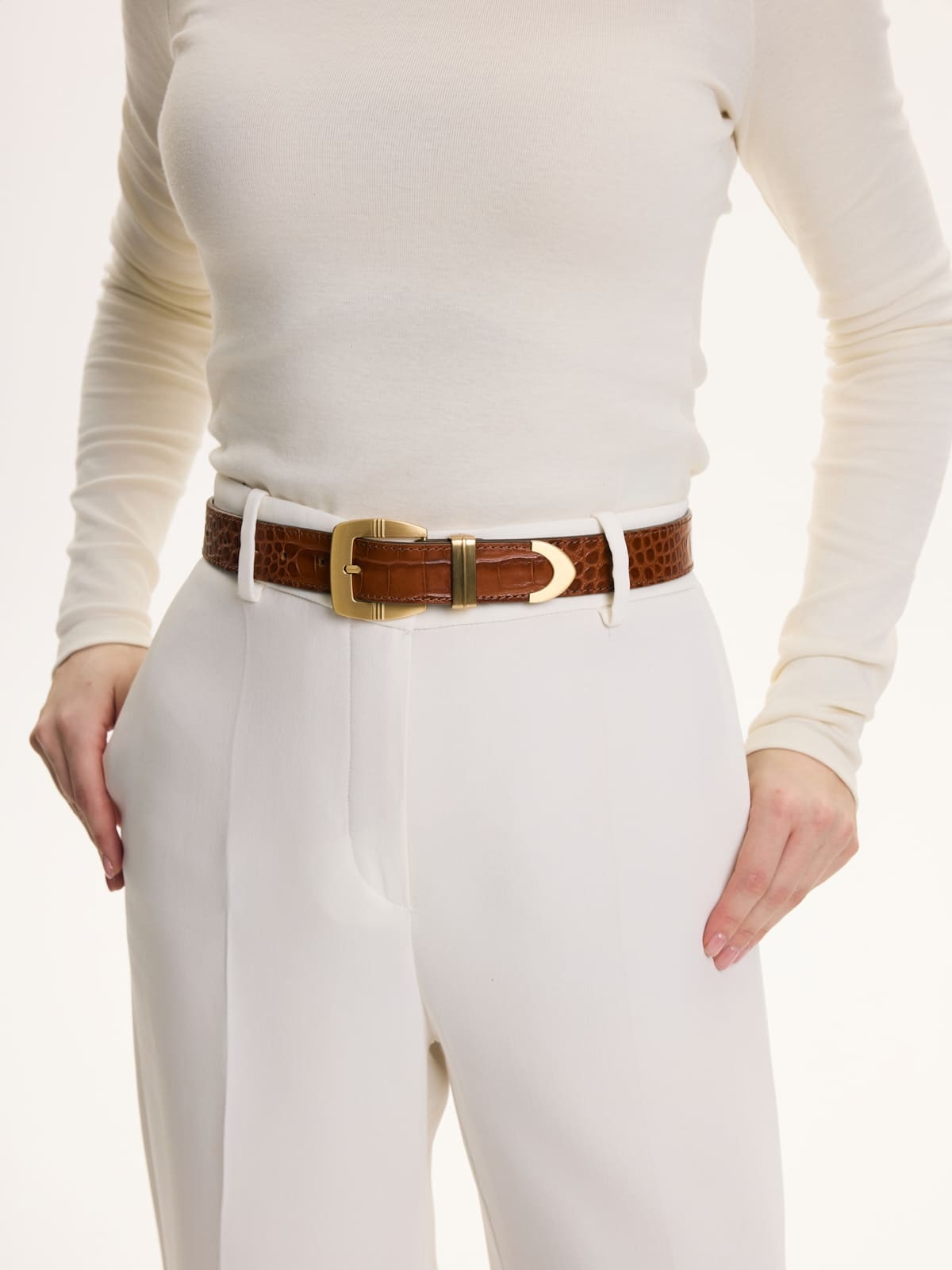 INES koniak pasek skórzany damski do spodni z klamrą.jpg