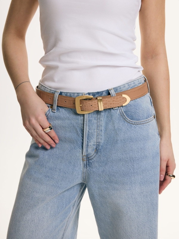 INES beżowy pasek skórzany damski do spodni z klamrą.jpg