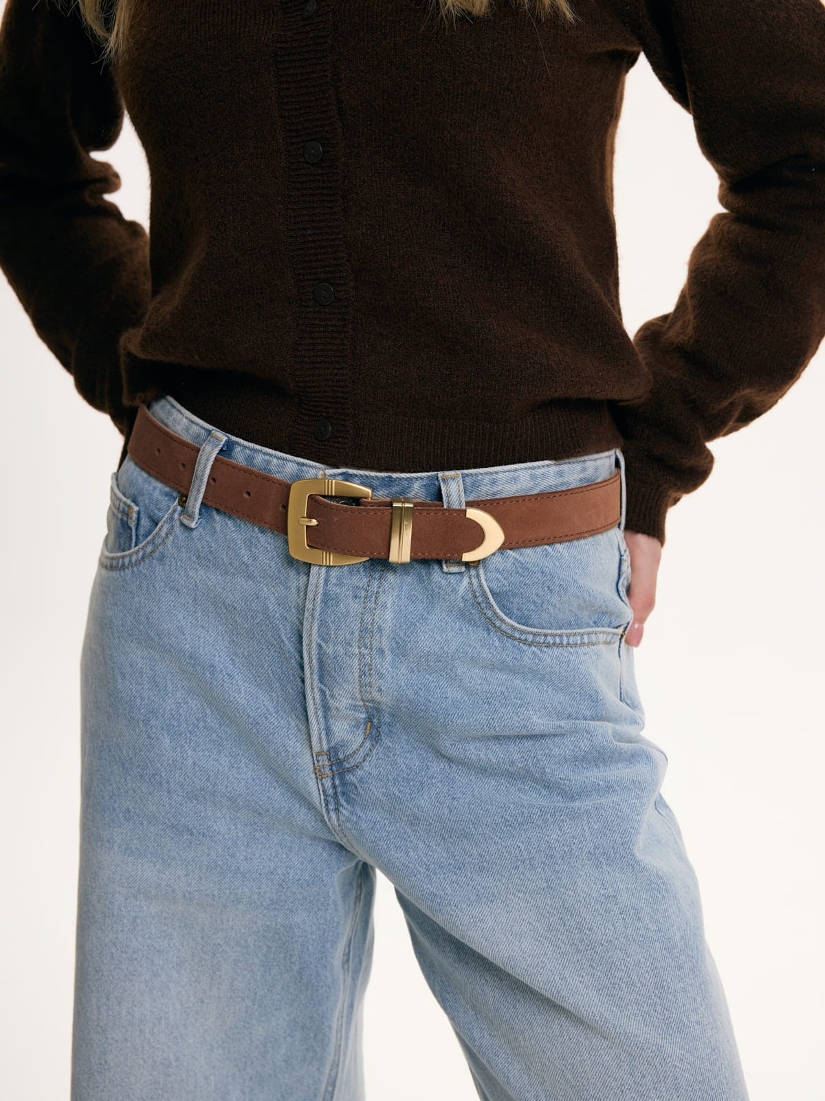 INES czekoladowy welur pasek skórzany damski do spodni z klamrą.jpg