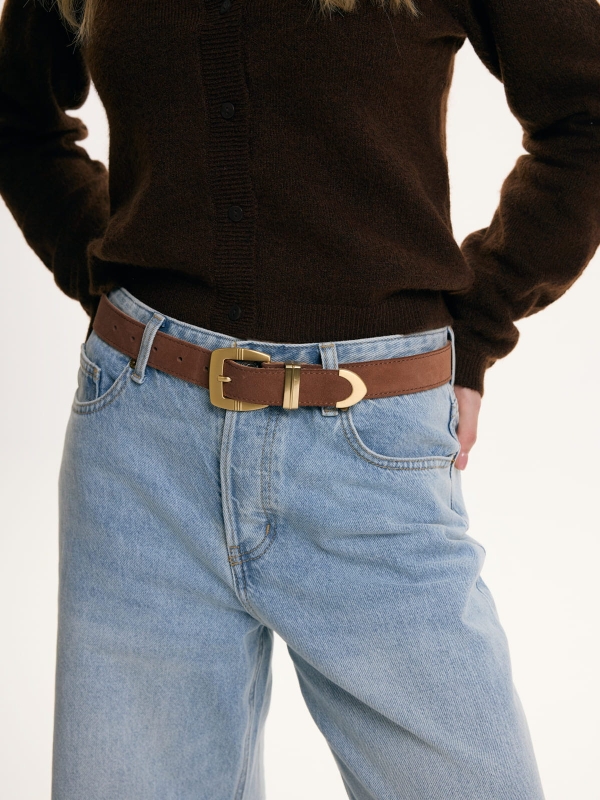 INES czekoladowy welur pasek skórzany damski do spodni z klamrą.jpg