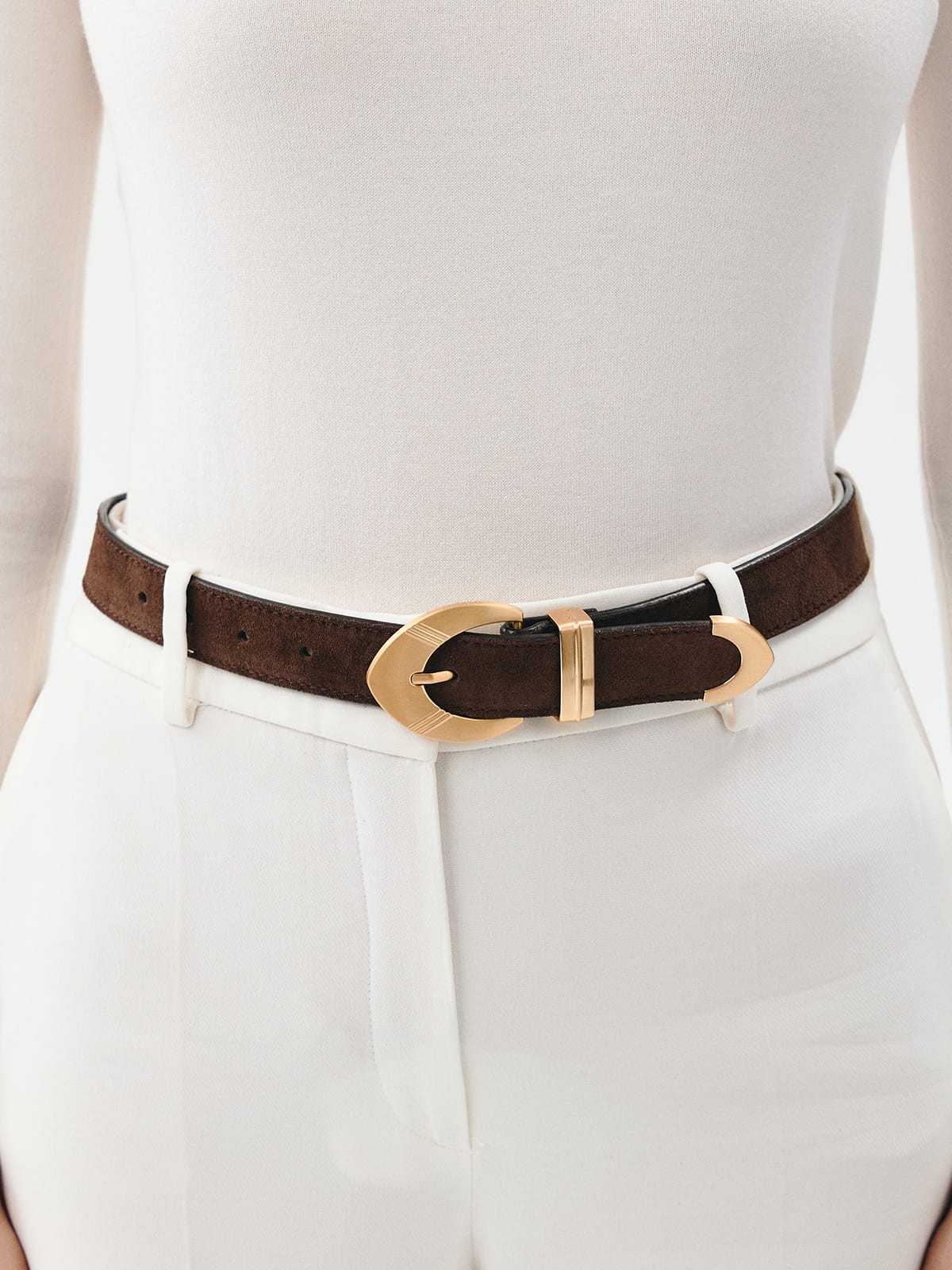 TESS czekoladowa skóra zamszowa pasek skórzany damski do spodni z klamrą.jpg