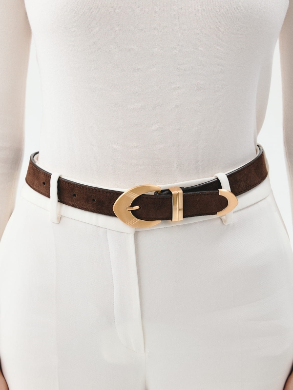 TESS czekoladowa skóra zamszowa pasek skórzany damski do spodni z klamrą.jpg