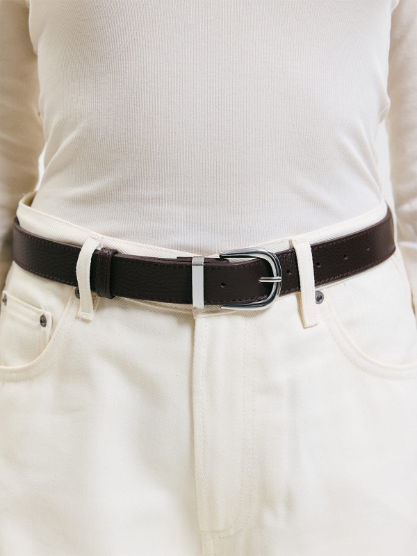 ELSA pasek czekoladowy groszek srebrne elementy skórzany damski do spodni z klamrą.jpg