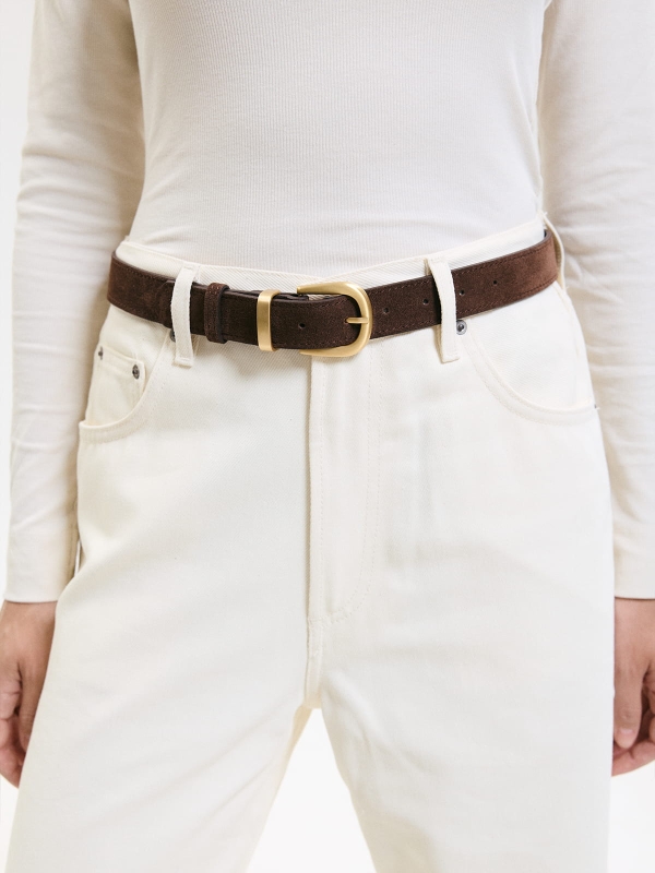 ELSA pasek czekoladowy zamsz skórzany damski do spodni z klamrą.jpg