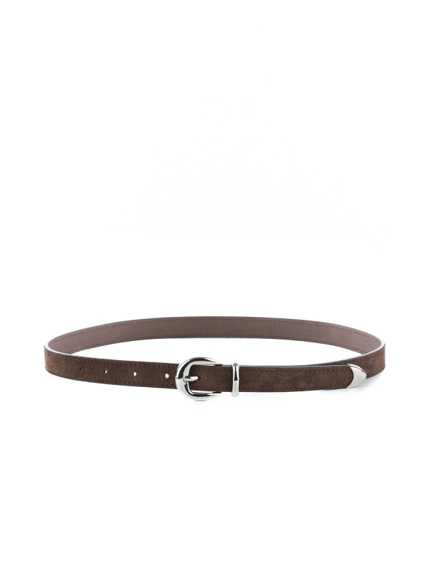 CLEO zamsz czekoladowy srebrne elementy pasek skórzany damski do spodni z klamrą.jpg