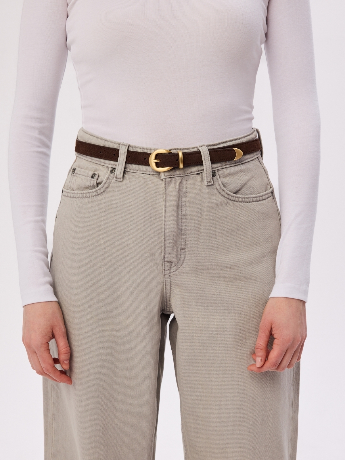CLEO zamsz czekoladowy pasek skórzany damski do spodni z klamrą.jpg
