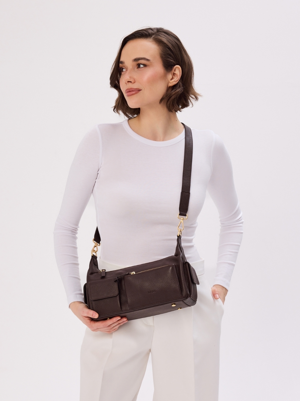 SELINA czekoladowy groszek skórzana torebka damska listonoszka torba na ramię.jpg